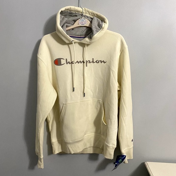 CHAMPION NEW Men's Powerblend Fleece Pullover Hoodie Script Logo Natural Medium - Picture 2 of 6